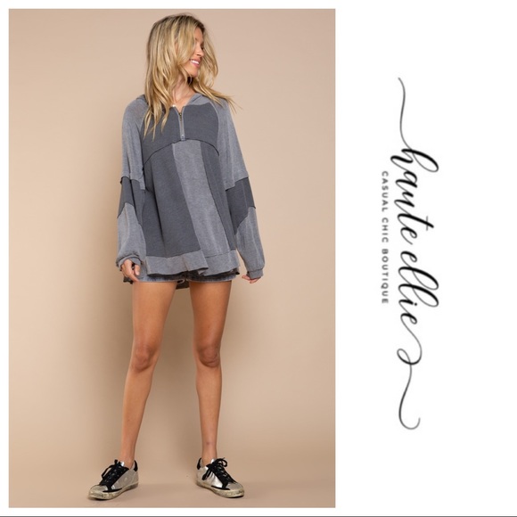 Sweet Rebecca-Hooded Blocked Gray Pullover - Picture 7 of 7